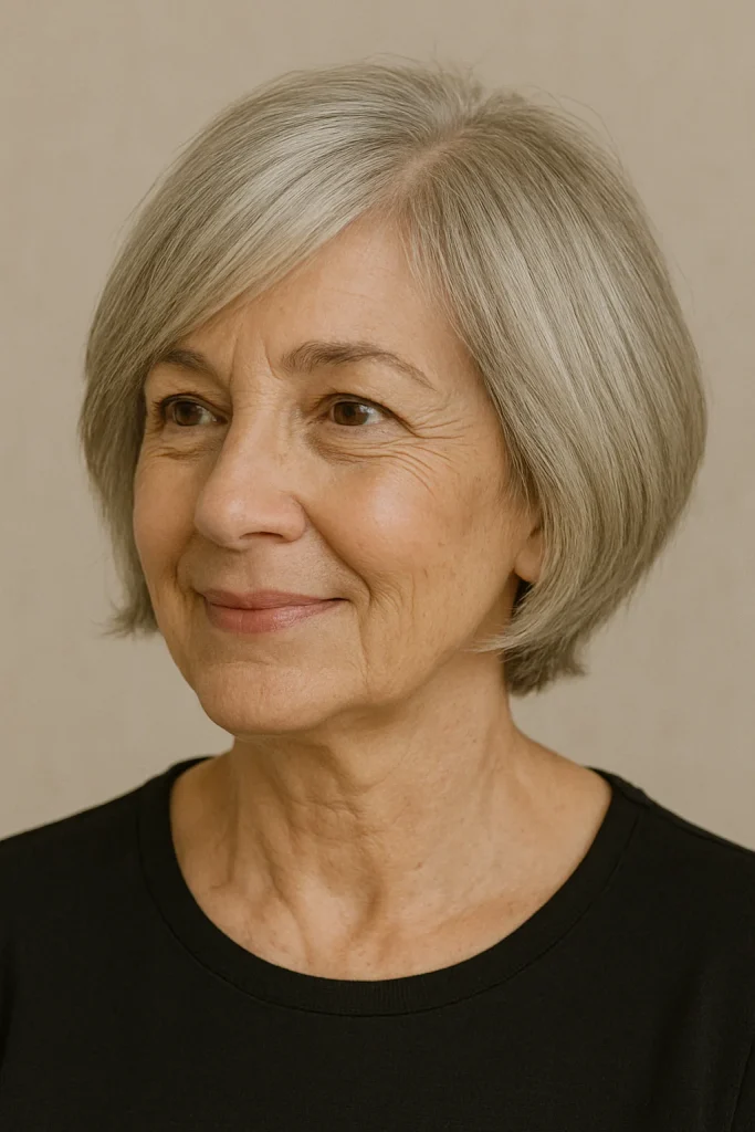 An older woman with an ear-length bob haircut, styled with smooth, silver-gray layers and softly swooped side bangs. Her hair gently frames her face, enhancing her warm smile and light brown eyes. She wears a black top against a neutral beige background.
