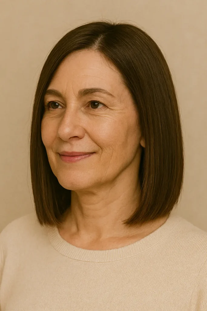 A woman with a sleek, collarbone-length midi haircut featuring straight, smooth dark brown hair, wearing a beige sweater and smiling softly against a neutral background.