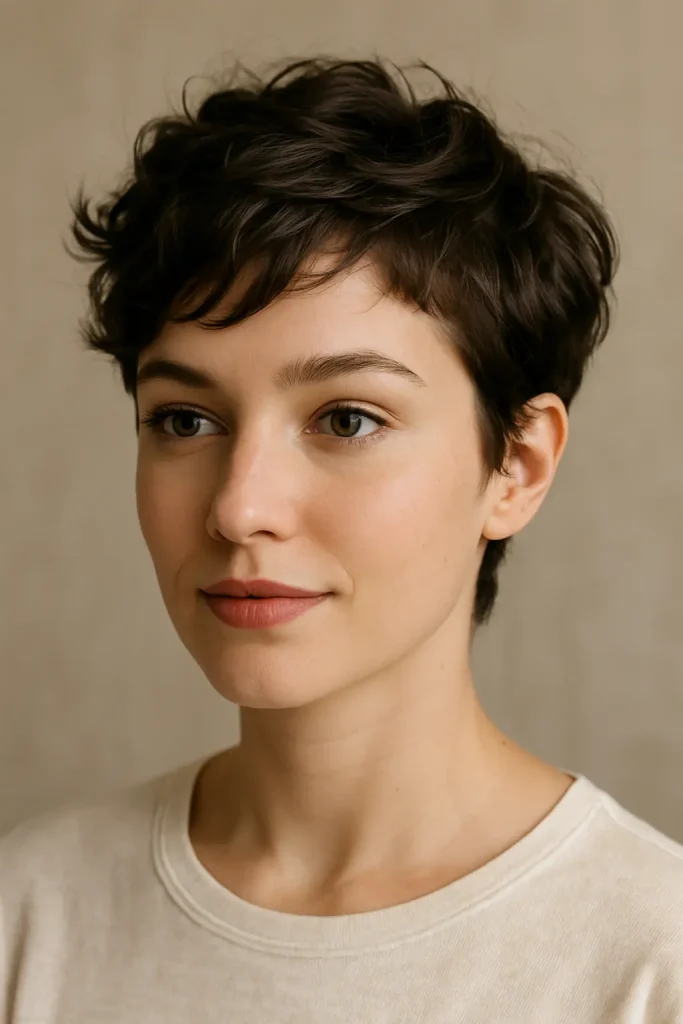 "A young woman with a wavy pixie haircut, styled in soft, tousled layers that add volume and texture. This modern short hairstyle flatters the face and offers a relaxed, stylish finish."