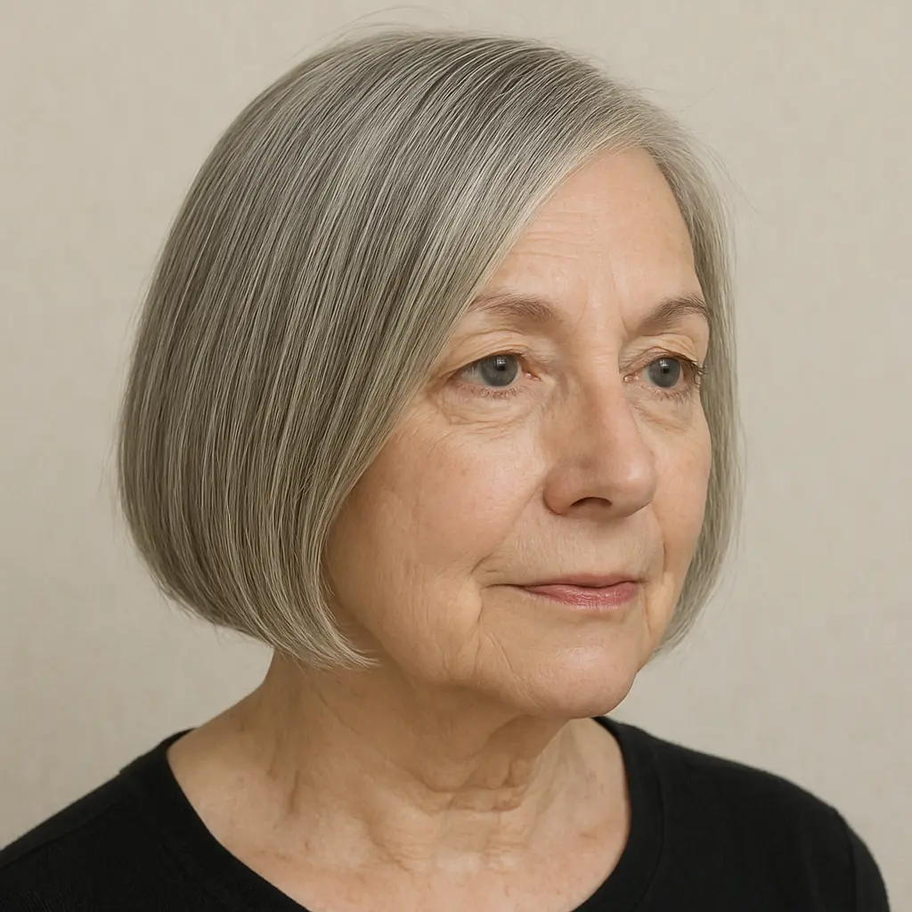 An elegant older woman with sleek, chin-length silver-gray hair parted to the side, styled in a smooth, polished bob that frames her face neatly.