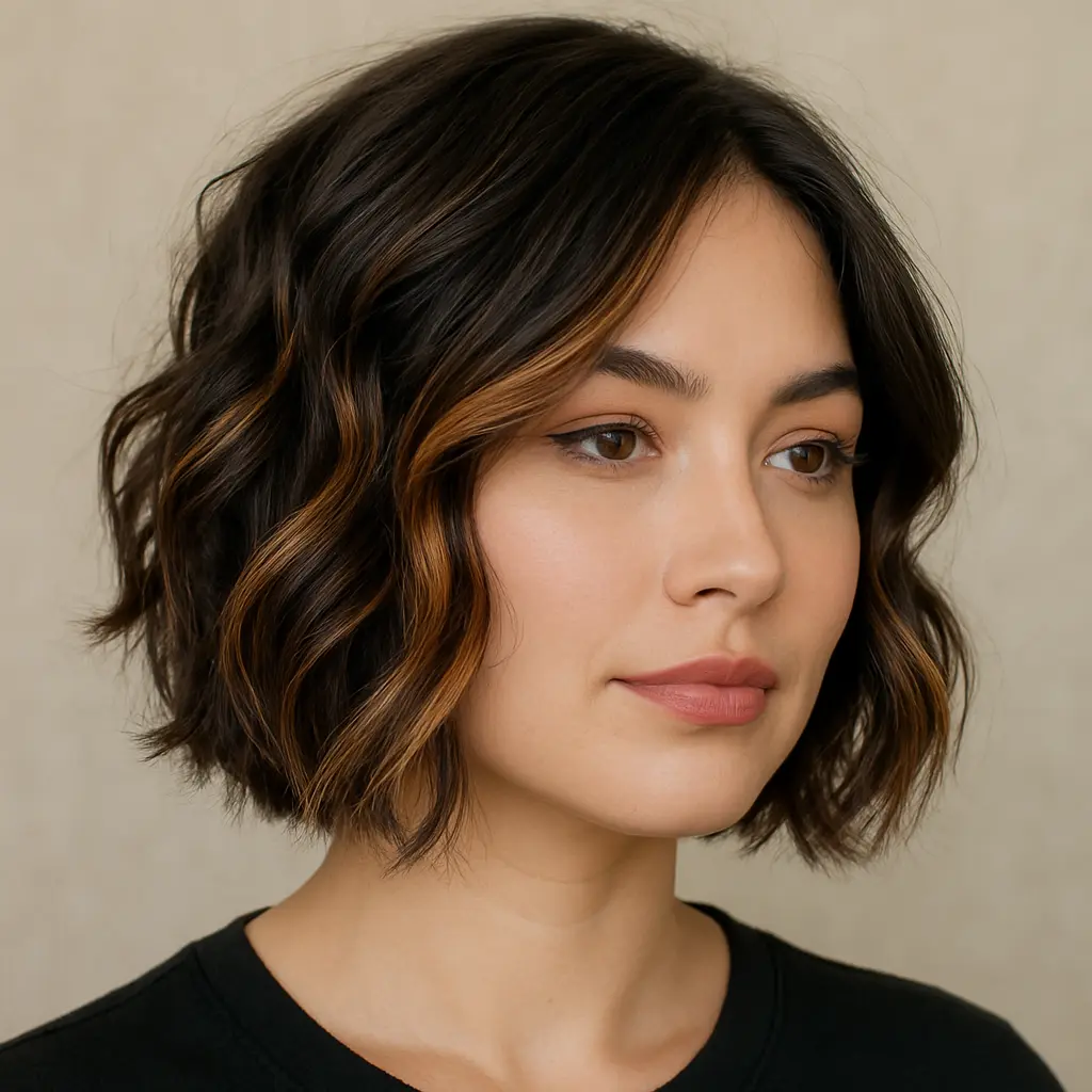 "A woman with short wavy hair featuring subtle peekaboo highlights blended into textured layers. The hairstyle combines natural waves with hidden pops of color for a playful and dimensional look."