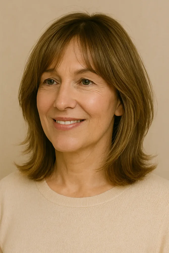 A woman with wispy curtain bangs and layered, light brown hair with subtle highlights, smiling gently while wearing a beige sweater against a neutral background.