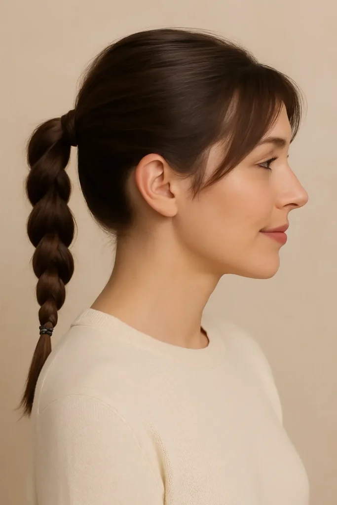 A woman with long, straight brown hair styled in a low braided ponytail, shown in profile view with smooth, neatly woven sections, against a soft neutral background.