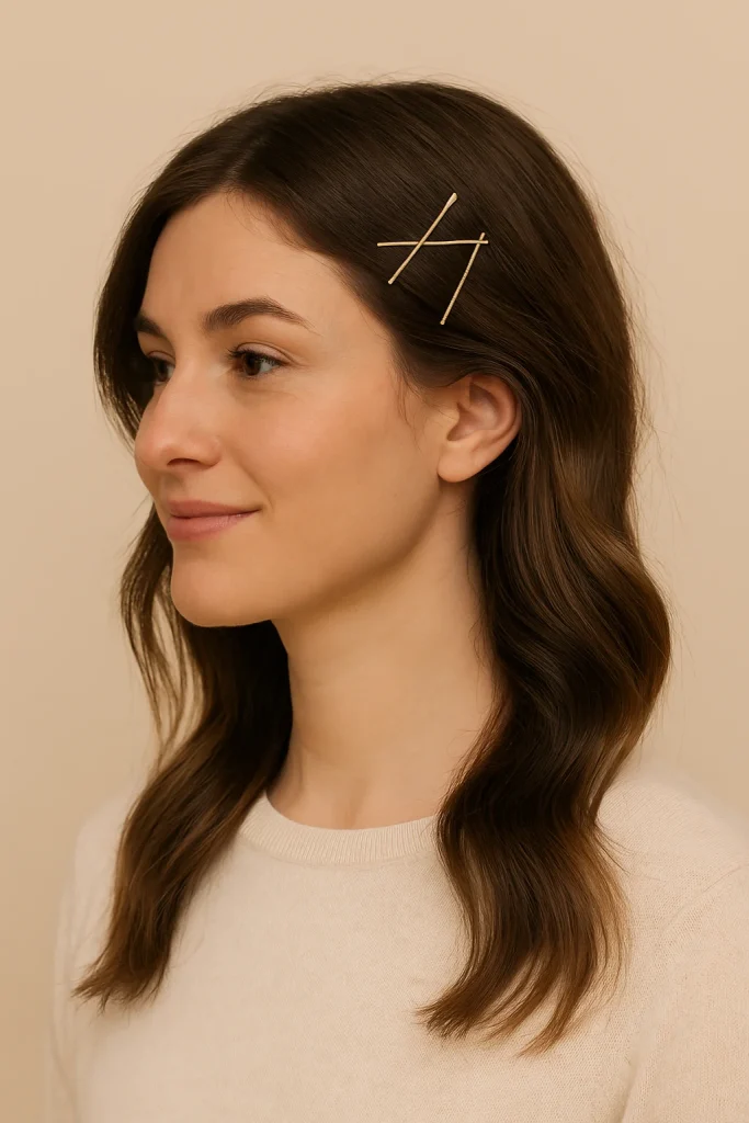 A woman with dark hair styled using bobby pin art, with gold and black pins arranged in a criss-cross pattern above the ear, shown in a close-up portrait against a neutral background.